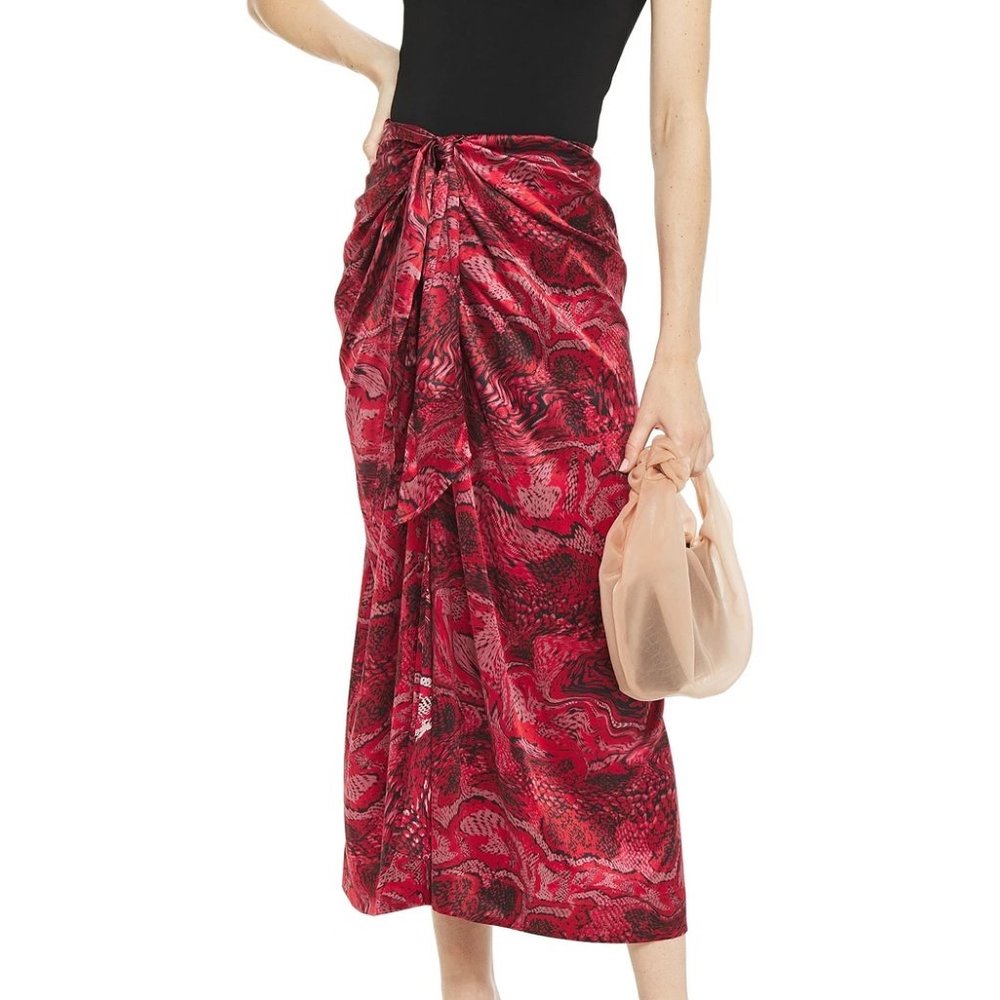 Tie-front printed stretch-silk satin midi skirt from Ganni - Picture 1 of 12